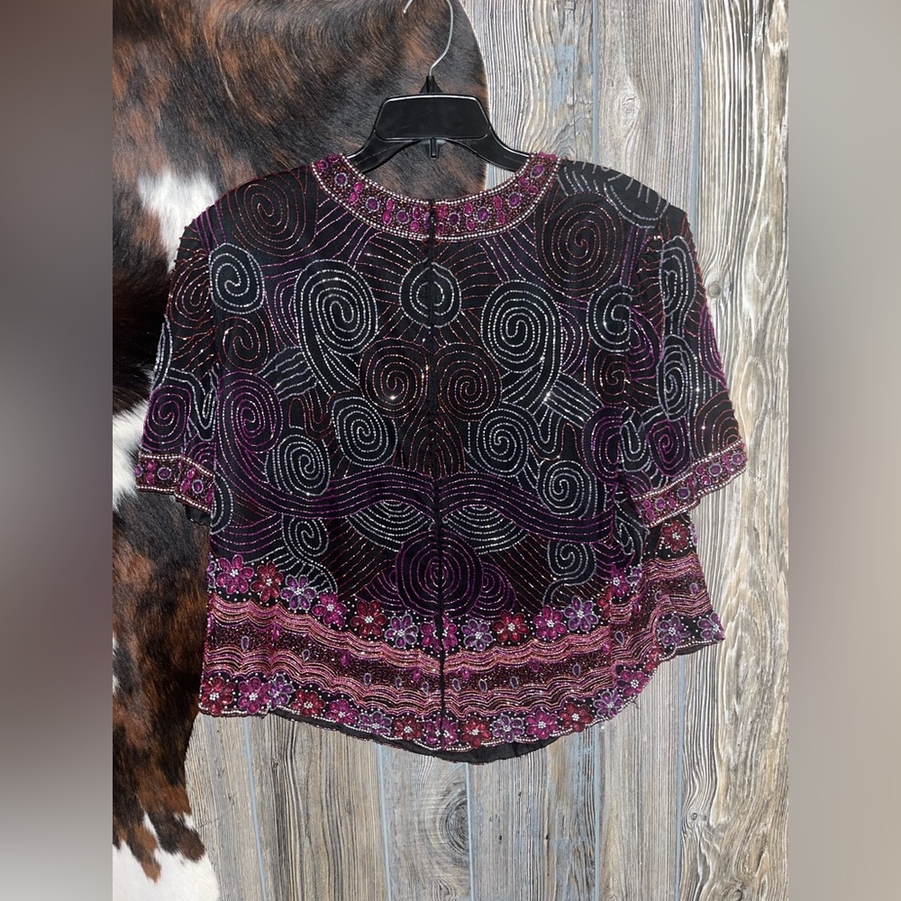 Laurence Kazar black 100% silk beaded pink and purple floral swirl top size 1X - Picture 4 of 7